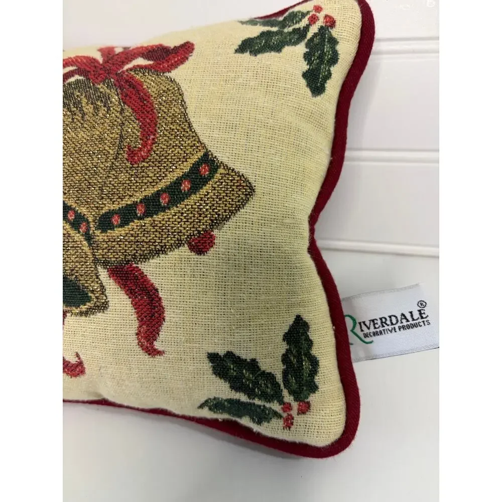 Vintage Riverdale Christmas Tapestry Accent Pillow Golden Holiday Bells & Holly